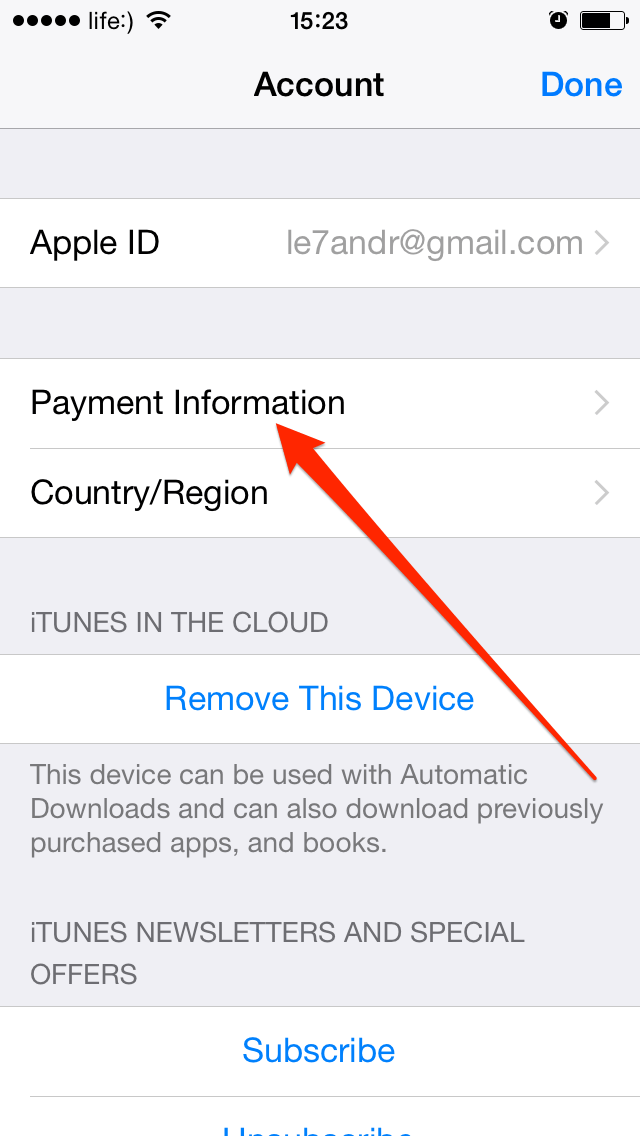 Платежная информация в настройках аккаунта Apple ID