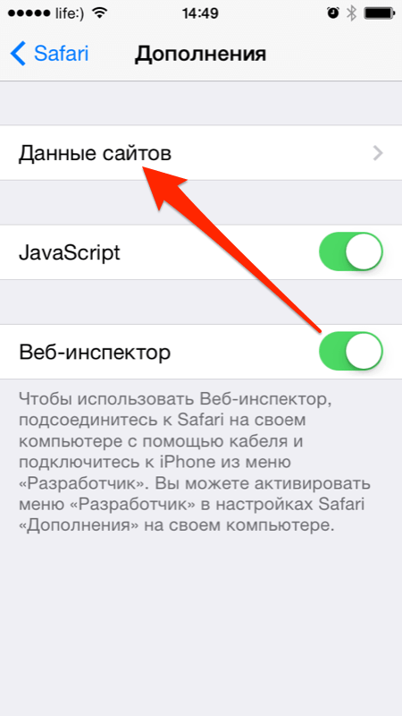 Меню Данные сайтов в Safari