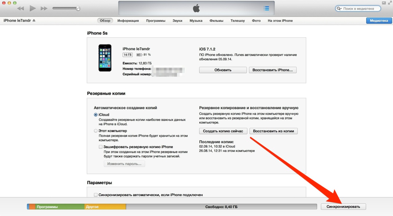 Экран настройки синхронизации и восстановлени iPhone в iTunes