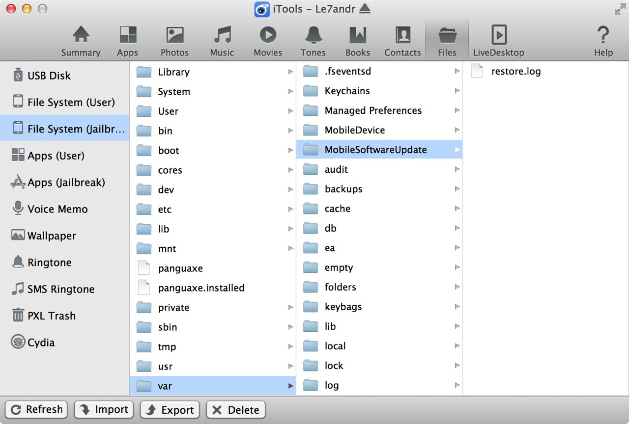 Открытая файловая система iPhone в iTools