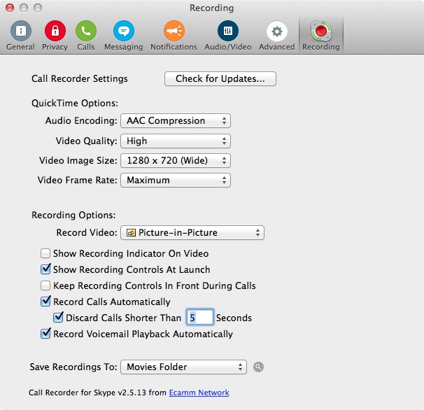 Настройки записи видео и звука в Ecamm Call Recorder for Skype