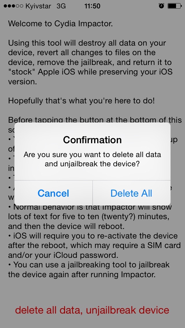 Удаление всех данных и джейлбрейка с iPhone с помощью Cydia Impactor