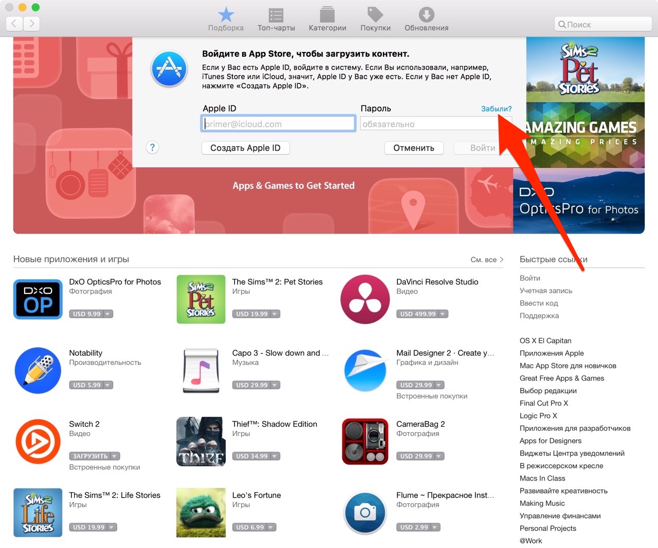 Панель авторизации в Mac App Store